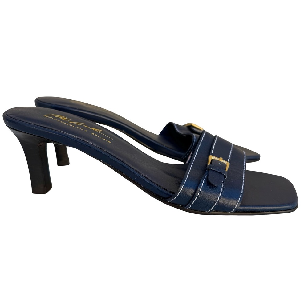 Randolph Duke Womens Navy Leather Square Toe Kitten Heel Slide Sandals 5.5 M
